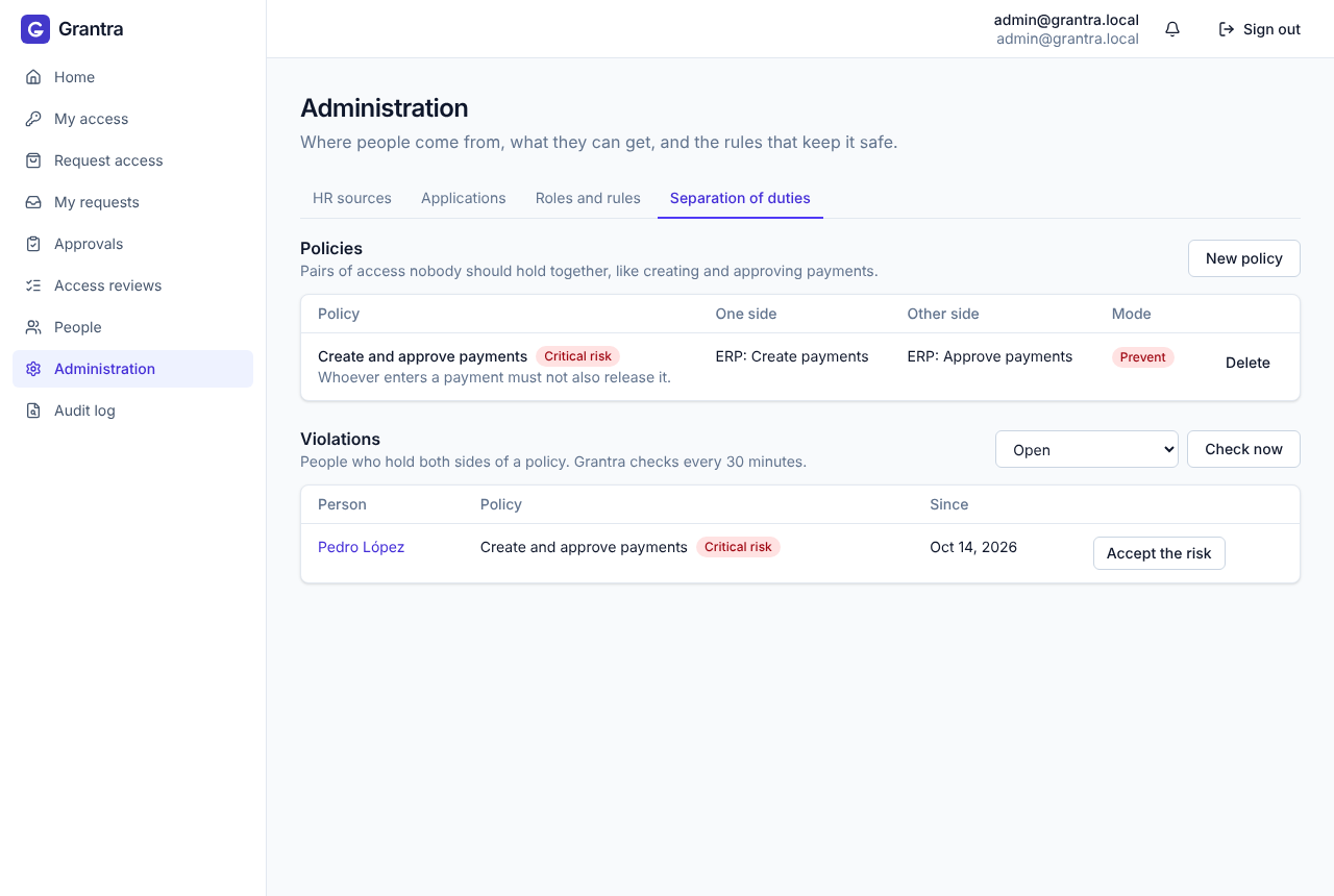 Separation of duties policies and an open violation, with a button to accept the risk